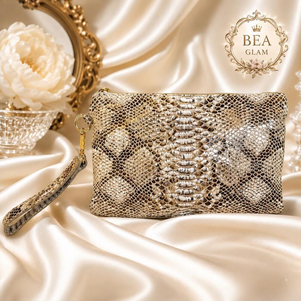Italian Leather Snake Print Wristlet Clutch Tone Neutral Purse, Gold Hardware